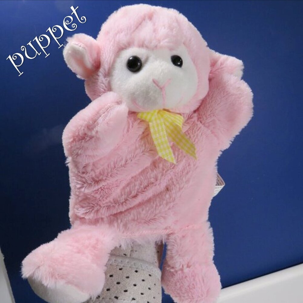 Pink Lamb Sheep puppet plush w sewn on gingham ribbon bow (good for big hands)